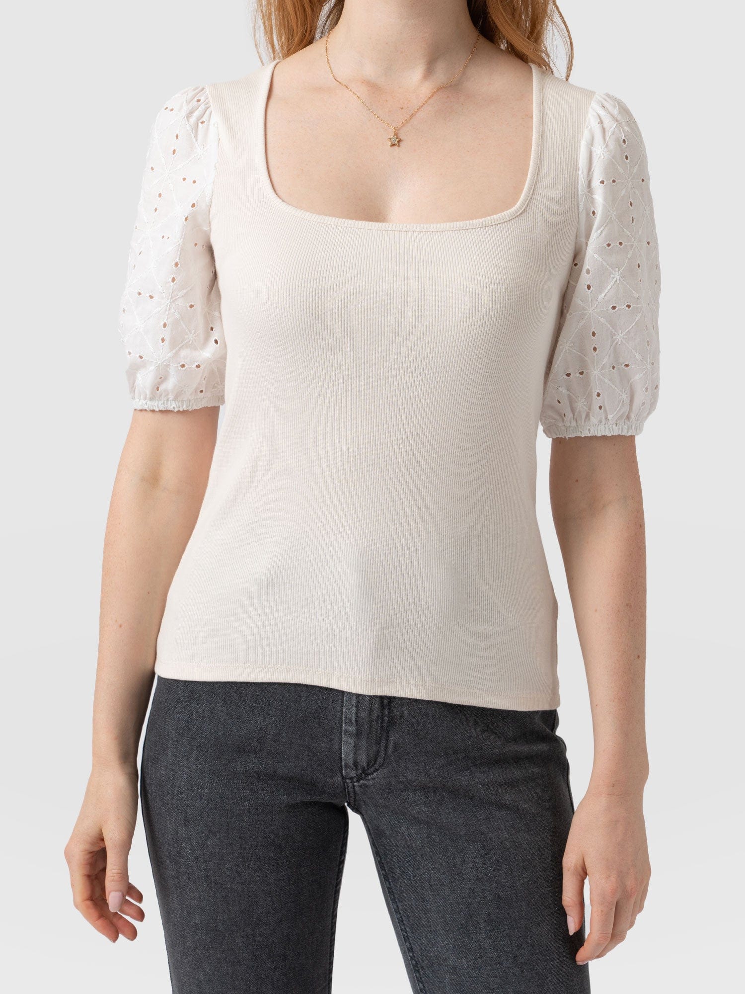 Cavendish Square Neck Tee Cream Broderie - Women's T-Shirts | Saint + Sofia® USA